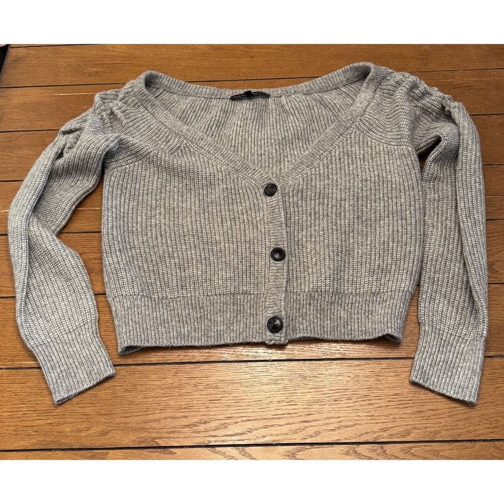 White House Black Market Rouched Cropped Cardigan CL Grey Ribbed Sweater V-Neck